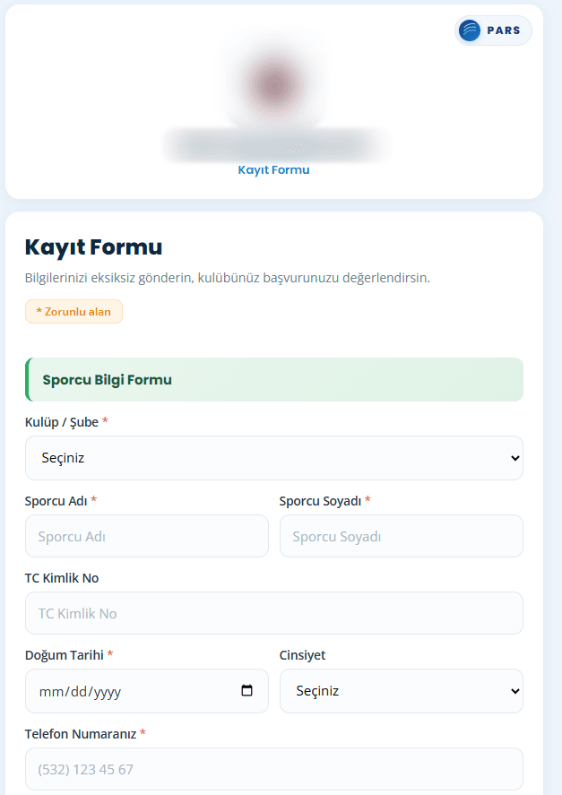 PARS online ön kayıt formu örneği